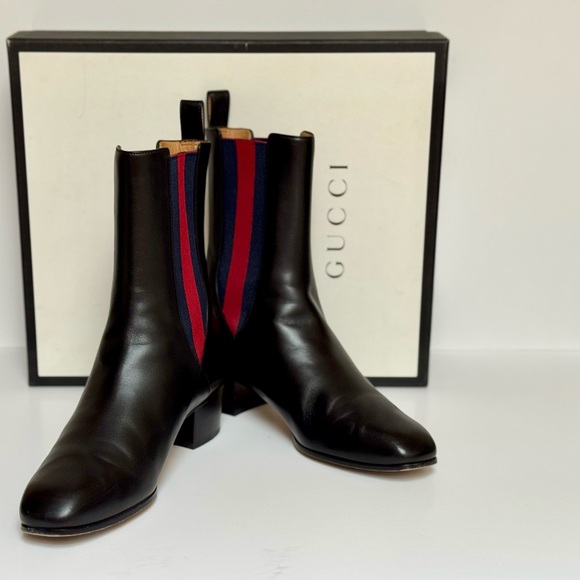 Gucci Black Leather Chelsea Ankle Boots with Sylvie Web Elastic Accent Size 38.5 - Picture 1 of 11